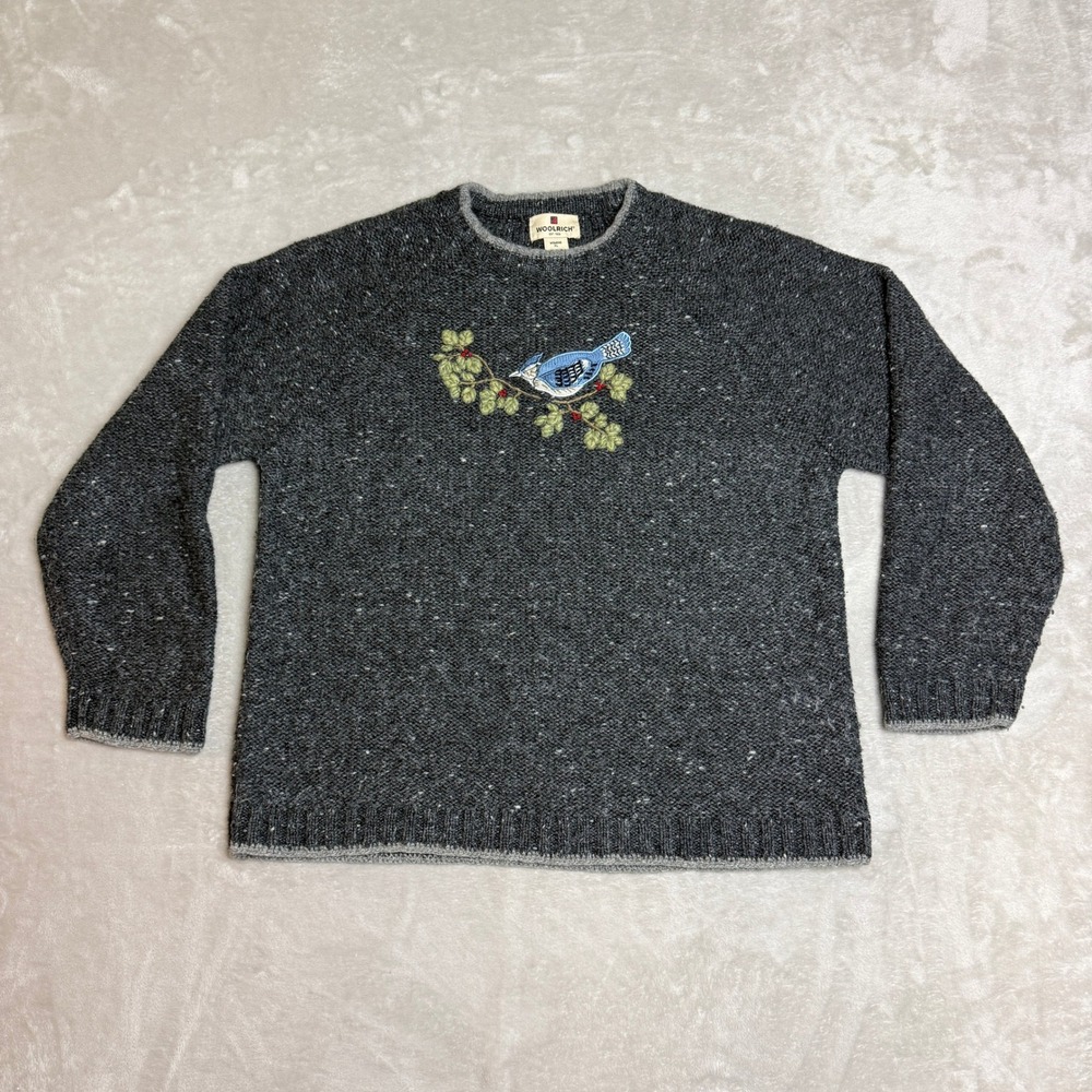 Woolrich Blue Jay Sweater Women XL Gray Onyx Wool Blend Embroidered Bird Cabin